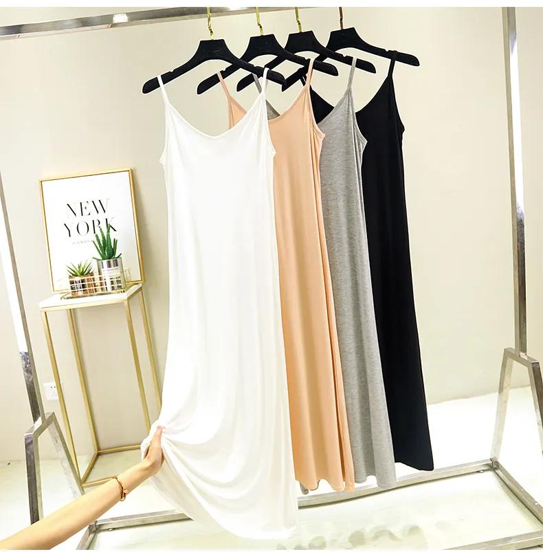 2022 여성 여름 긴 드레스 오-넥 민소매 모달 화이트 캐주얼 4 색 홈 가운 발목 길이 블랙 스파게티 스트랩 드레스